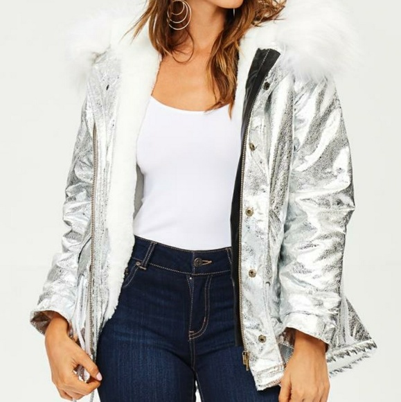 Silver Parka Jacket with Fur Hood - Picture 7 of 7